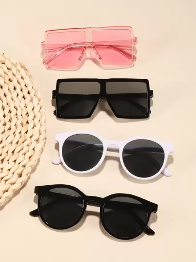 4副兒童平頂形幾何和圓框太陽鏡適合夏天