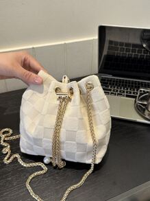 Mini New Stylish Woven Straw Golden Chain Drawstring Bucket Bag Beach Bag , Summer - Beige - View 4
