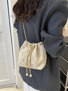 Mini New Stylish Woven Straw Golden Chain Drawstring Bucket Bag Beach Bag , Summer - Beige - View 5