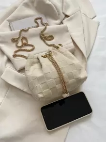 Mini New Stylish Woven Straw Golden Chain Drawstring Bucket Bag Beach Bag , Summer - Beige - View 6