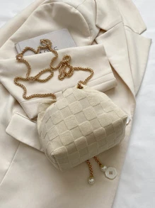 Mini New Stylish Woven Straw Golden Chain Drawstring Bucket Bag Beach Bag , Summer - Beige - View 7