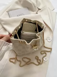 Mini New Stylish Woven Straw Golden Chain Drawstring Bucket Bag Beach Bag , Summer - Beige - View 8