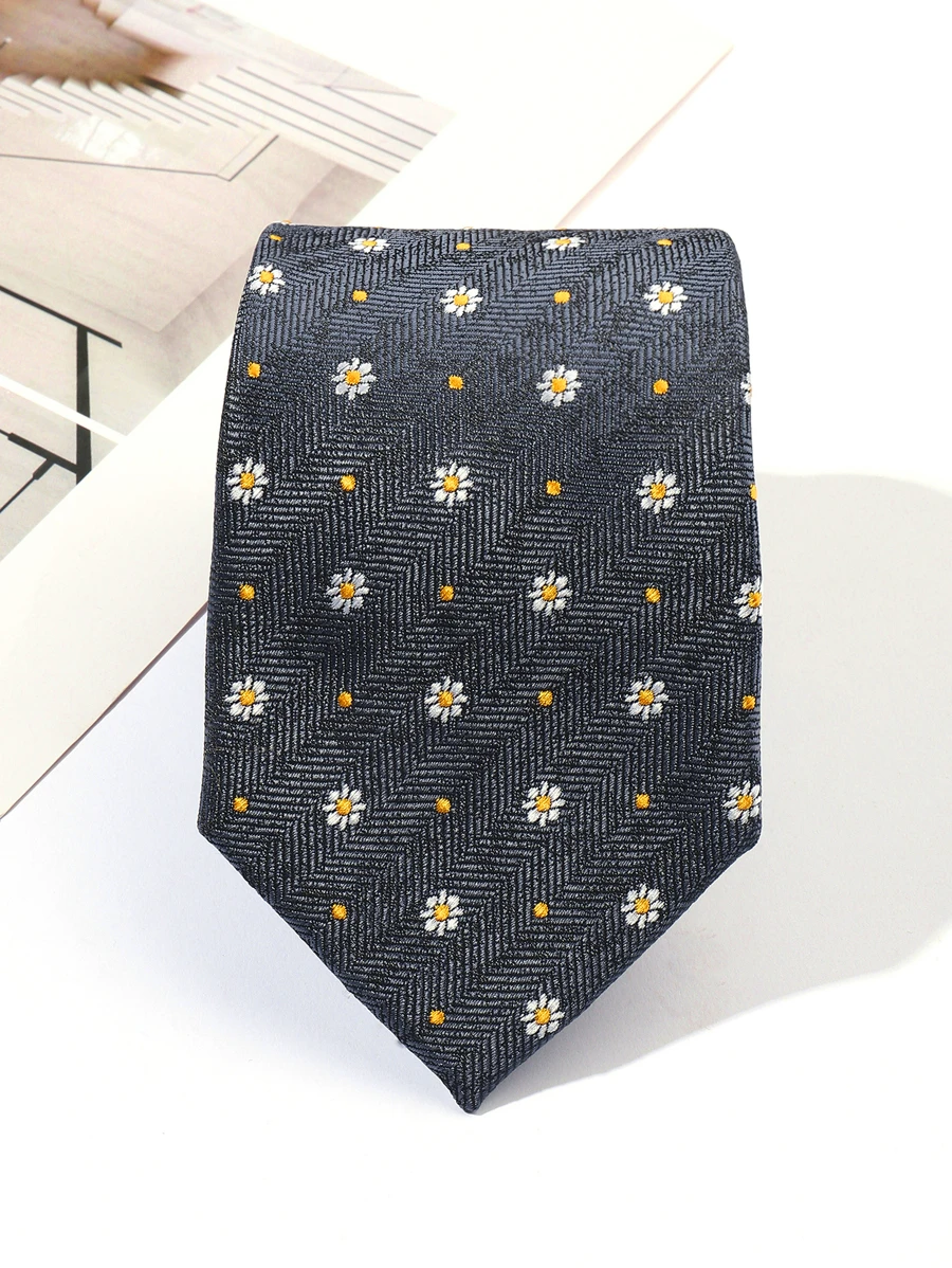 1pc Korean Style Fashionable Grey Necktie With Small Flower Detail Work - Multicolor - View 1