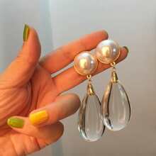1 par de pendientes casuales y de fiesta con forma de gota de agua transparente para mujeres - transparente - Ver 1