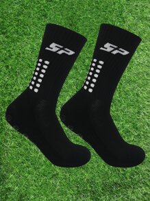 1pair Non Slip Black Fabric Athletic Socks - Black - View 1