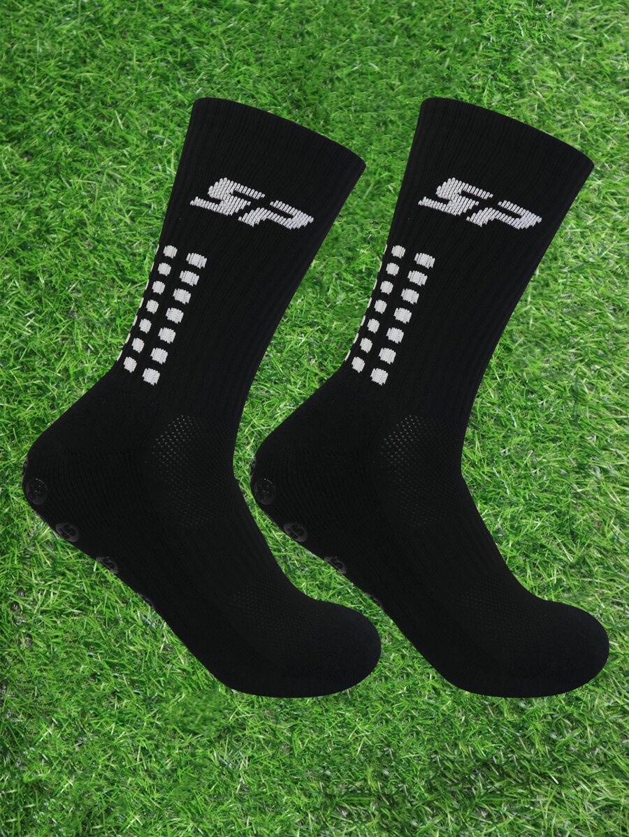 1pair Non Slip Black Fabric Athletic Socks - Black - View 1