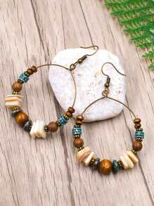 2pcs Boho Handmade Beaded Shell & Wood Bead Large Hoop Earrings, Party Wear For Women - Multicolor - View 2