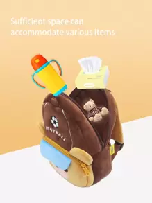 1pc Cute Football Brown Bear Plush Material Backpack For Children, Zipper Closure, Suitable For Kindergarten, Daily Use - Coffee Brown - View 4