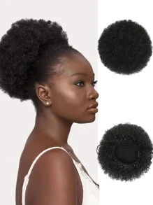 Afro Short Curly Synthetic Hair Bun - Black - View 1