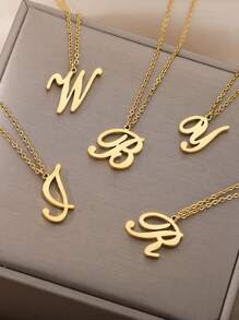 1入組不銹鋼簡約風26英文字母吊墜項鍊姓氏最初頸鏈 - 金黃色 - 查看 4