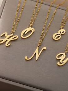 1入組不銹鋼簡約風26英文字母吊墜項鍊姓氏最初頸鏈 - 金黃色 - 查看 5