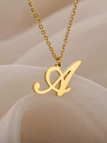 1入組不銹鋼簡約風26英文字母吊墜項鍊姓氏最初頸鏈 - 金黃色 - 查看 6