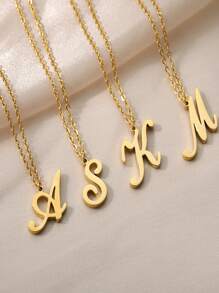 1入組不銹鋼簡約風26英文字母吊墜項鍊姓氏最初頸鏈 - 金黃色 - 查看 1
