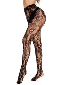 1 Pair Women's Black High Elasticity Fashionable Fishnet Tights With Ghost Head & Floral Pattern, Comfortable And Versatile (Panties Not Included) - Black - View 2