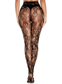 1 Pair Women's Black High Elasticity Fashionable Fishnet Tights With Ghost Head & Floral Pattern, Comfortable And Versatile (Panties Not Included) - Black - View 3