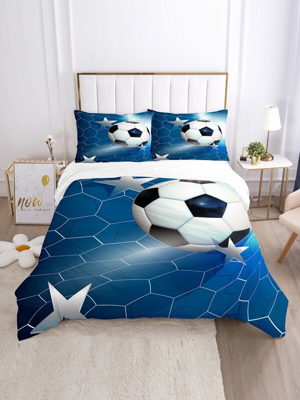 طقم بوليستر مكون من ثلاث قطع مطبوع رقميًا بنمط كرة القدم، غطاء لحاف واحد وكيسي وسادة