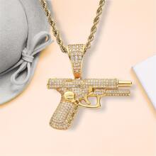 /Tông màu bạc Kim cương khảm Mini Pistol Mặt dây chuyền Vòng cổ hoàn hảo cho trang phục hàng ngày của nam giới - Vàng - Xem 1