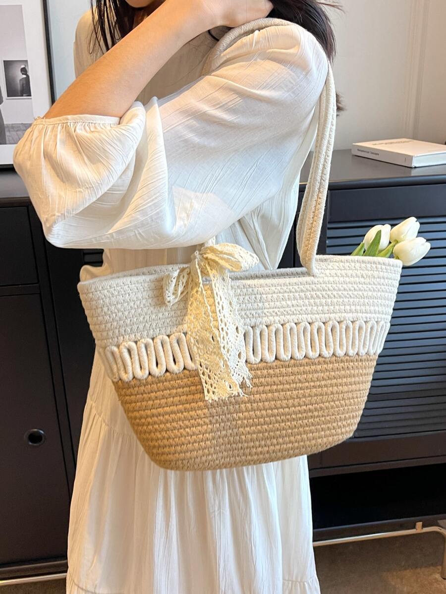 2023年夏季新款大容量女性編織籃型肩背包,適用於旅行、度假和海灘,無掛件手提包 - 彩色 - 查看 1