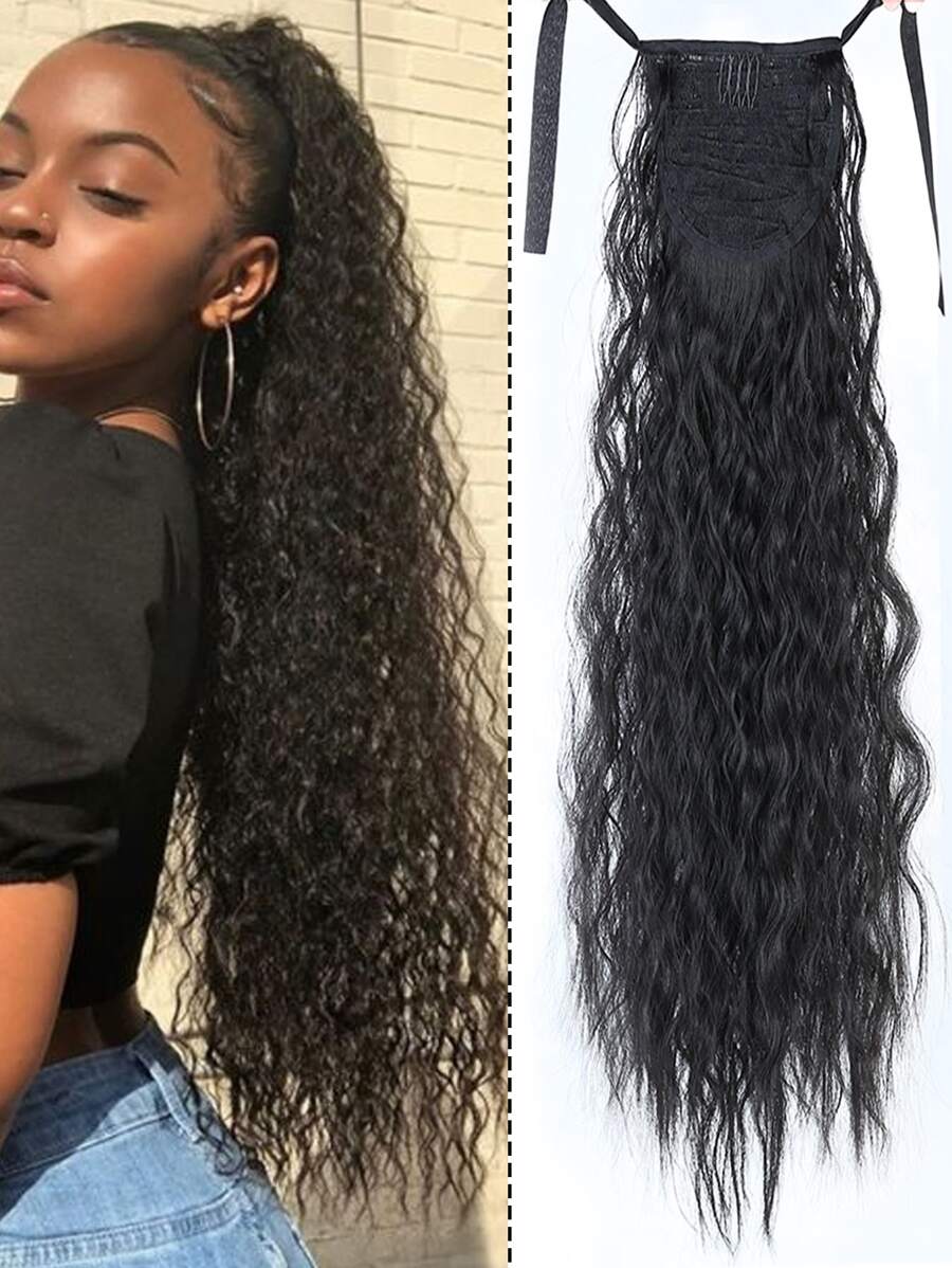 卷馬尾合成纖維接髮 - 黑色 - 查看 1