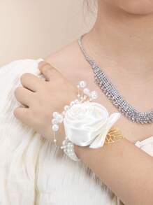 婚禮手腕胸花,伴娘手胸花,金色葉子珍珠手腕鮮花