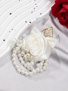 婚禮手腕胸花,伴娘手胸花,金色葉子珍珠手腕鮮花