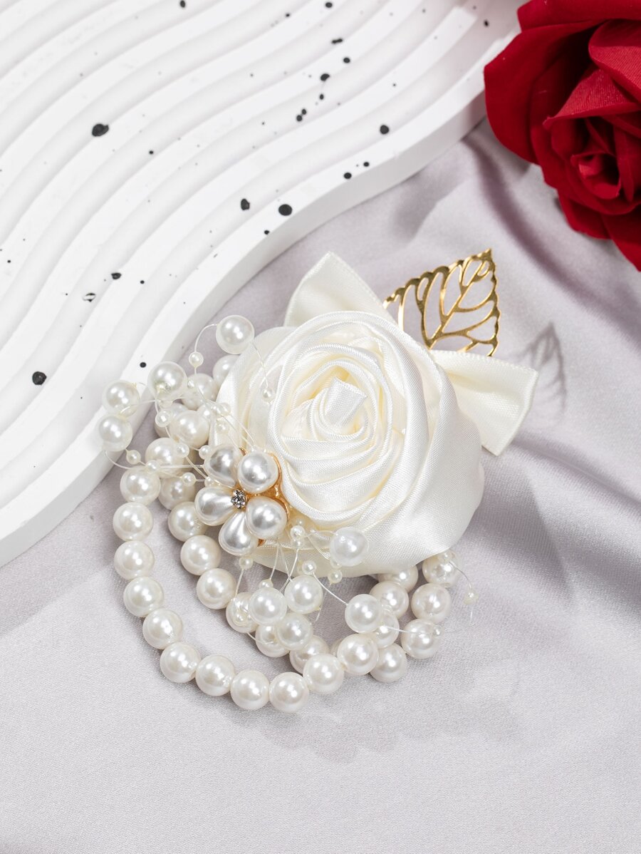 婚禮手腕胸花,伴娘手胸花,金色葉子珍珠手腕鮮花