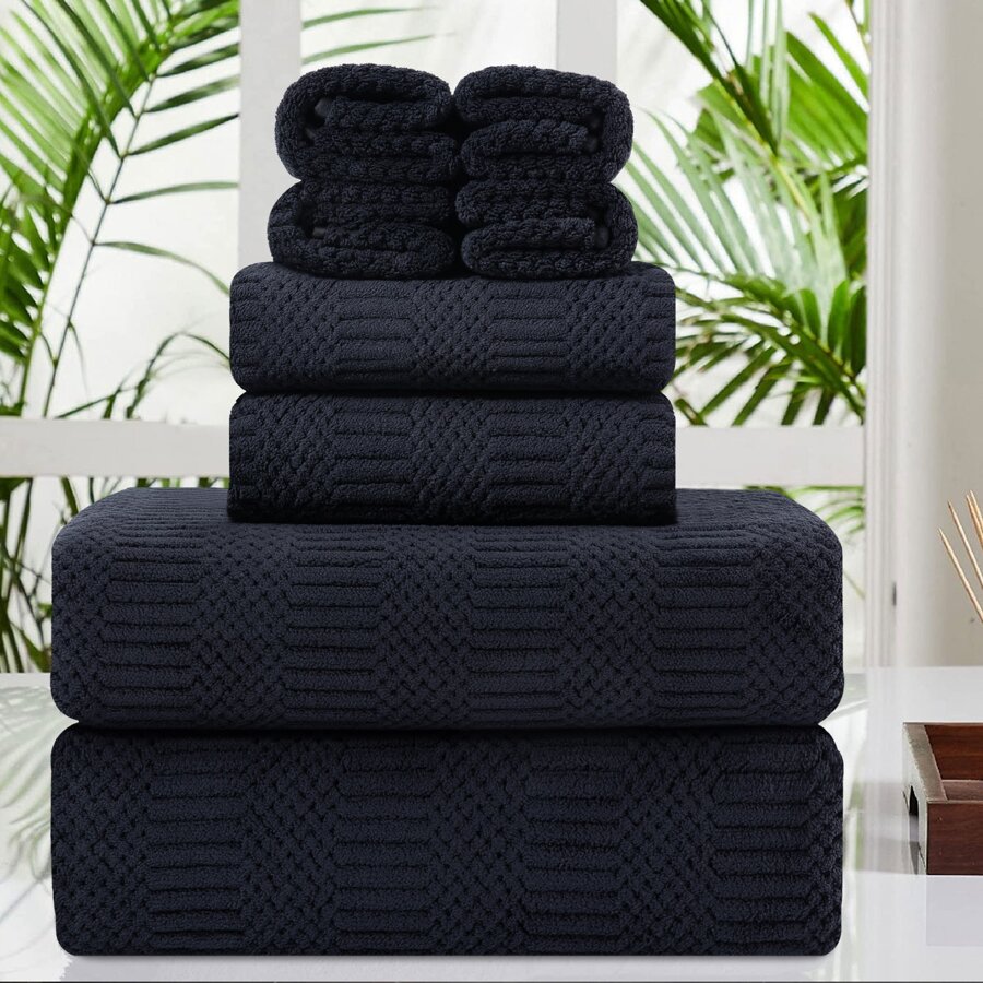 8 Piece Oversized Bath Towel Set-2 Extra Large Bath Towel Sheets,2 Hand Towels,4 Washcloths-600GSM Soft Highly Absorbent Quick Dry Beach Chair Towels Woven Towels for Bathroom Hotel and Spa - 黑色 - 查看 1