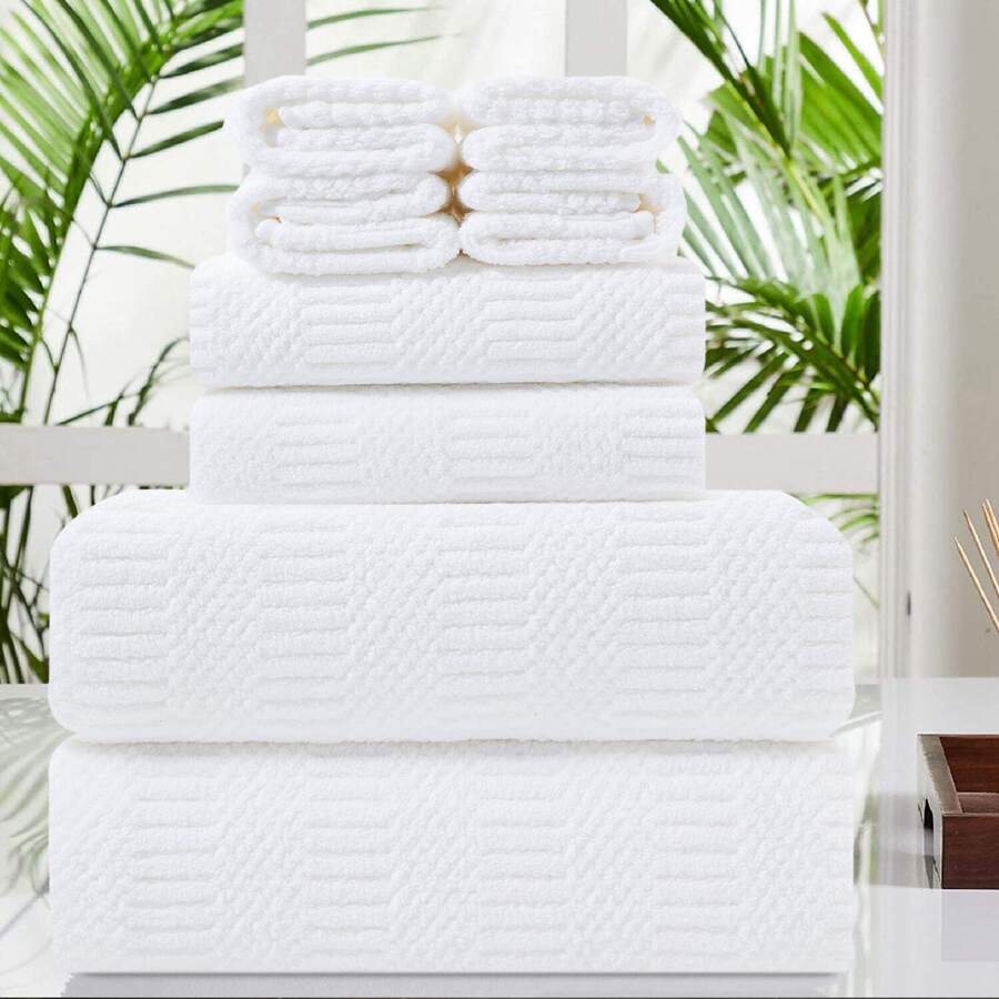 8 Piece Oversized Bath Towel Set-2 Extra Large Bath Towel Sheets,2 Hand Towels,4 Washcloths-600GSM Soft Highly Absorbent Quick Dry Beach Chair Towels Woven Towels for Bathroom Hotel and Spa - 白色 - 查看 1
