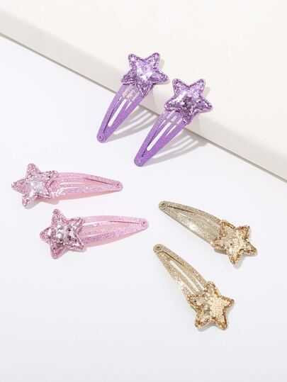 6pcs Glitter Heart & Star Jelly Color Hair Clips For Girls