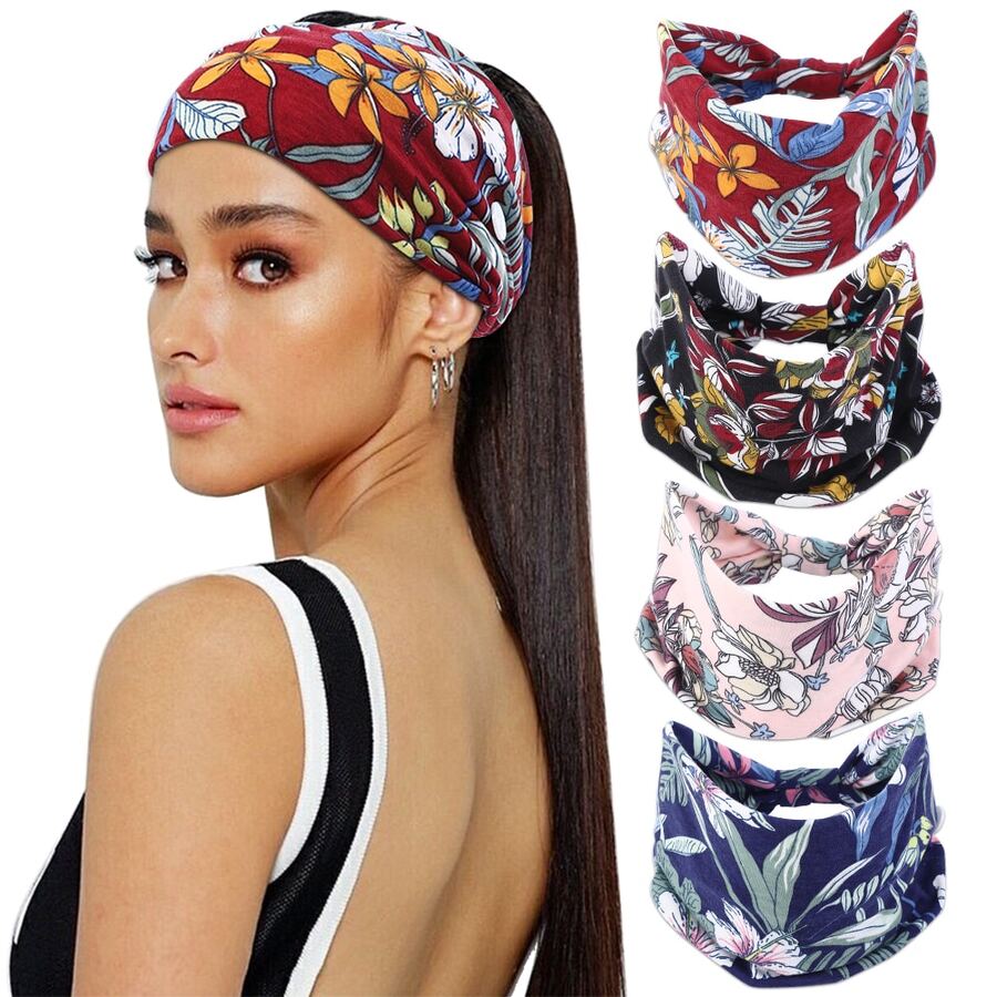 4pcs Women Hair Band Fashion Boho Wide Elastic Headband With Button For Yoga Sports - 酒紅色 - 查看 1