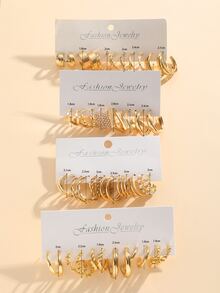 Bộ kết hợp bông tai kim loại mới về, kiểu ins, 24 cặp bao gồm thiết kế hình trái tim và hình quả đào - Vàng - Xem 5