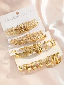 Bộ kết hợp bông tai kim loại mới về, kiểu ins, 24 cặp bao gồm thiết kế hình trái tim và hình quả đào - Vàng - Xem 3