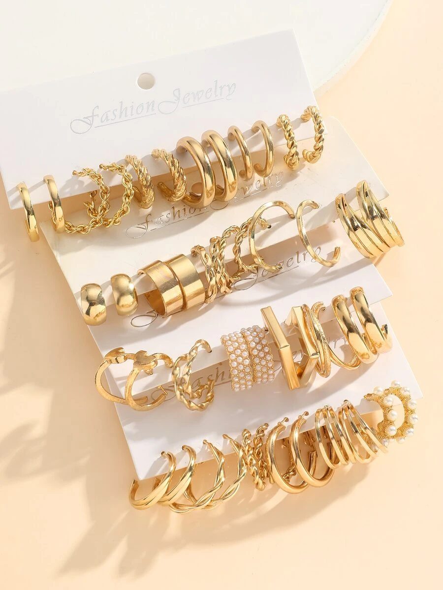 Bộ kết hợp bông tai kim loại mới về, kiểu ins, 24 cặp bao gồm thiết kế hình trái tim và hình quả đào - Vàng - Xem 1