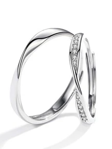 2pcs Geometric Copper Crystal Adjustable Couple Rings Set For Party Wedding Gift - Silver - View 2
