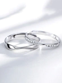 2pcs Geometric Copper Crystal Adjustable Couple Rings Set For Party Wedding Gift - Silver - View 3