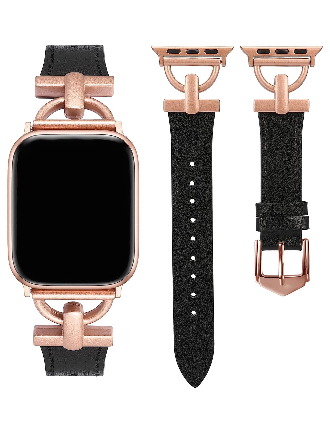 D扣飾PU皮革錶帶適用於Apple Watch - 黑色 - 查看 1