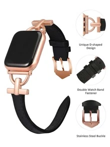 D扣飾PU皮革錶帶適用於Apple Watch - 黑色 - 查看 2