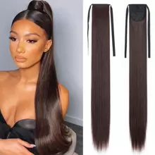 直发马尾绷带式合成发纤维耐热马尾假发接发假发 - Black-brown - 查看 1