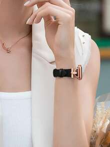 D扣飾PU皮革錶帶適用於Apple Watch - 黑色 - 查看 4