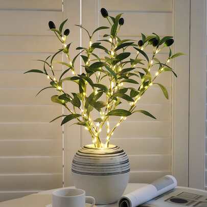 1个逼真的LED橄榄枝灯，适用于家居室内装饰，客厅、卧室、门廊、派对、桌面摆放，发出温暖的光芒，优雅别致，适合情人节、生日、毕业季、返校季、房间装饰、学习用品等场合，人造植物