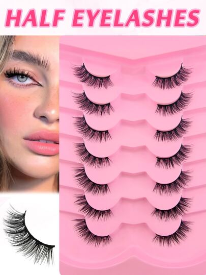 7 Pairs Faux Mink Eyelashes, 12mm Cat Eye Extended Half-Strip Fake Lashes
