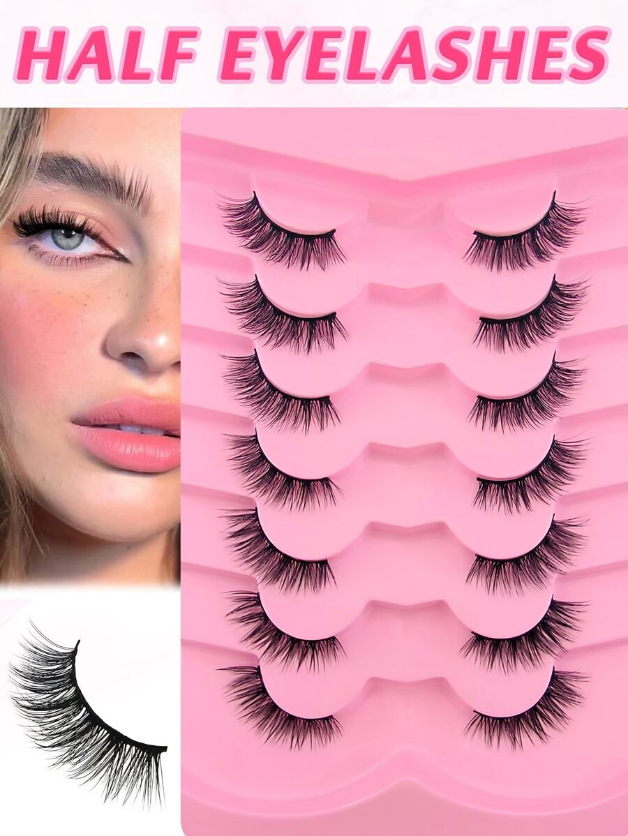 7 Pairs Faux Mink Eyelashes, 12mm Cat Eye Extended Half-Strip Fake Lashes - Black - View 1