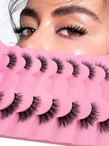 7 Pairs Faux Mink Eyelashes, 12mm Cat Eye Extended Half-Strip Fake Lashes - Black - View 3