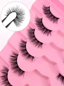 7 Pairs Faux Mink Eyelashes, 12mm Cat Eye Extended Half-Strip Fake Lashes - Black - View 6