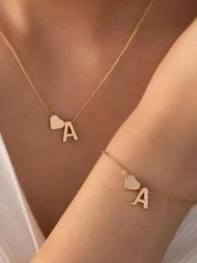 1 件心形和字母吊坠项链女式锁骨链带 26 个字母心形吊饰 - 金色 - 查看 3