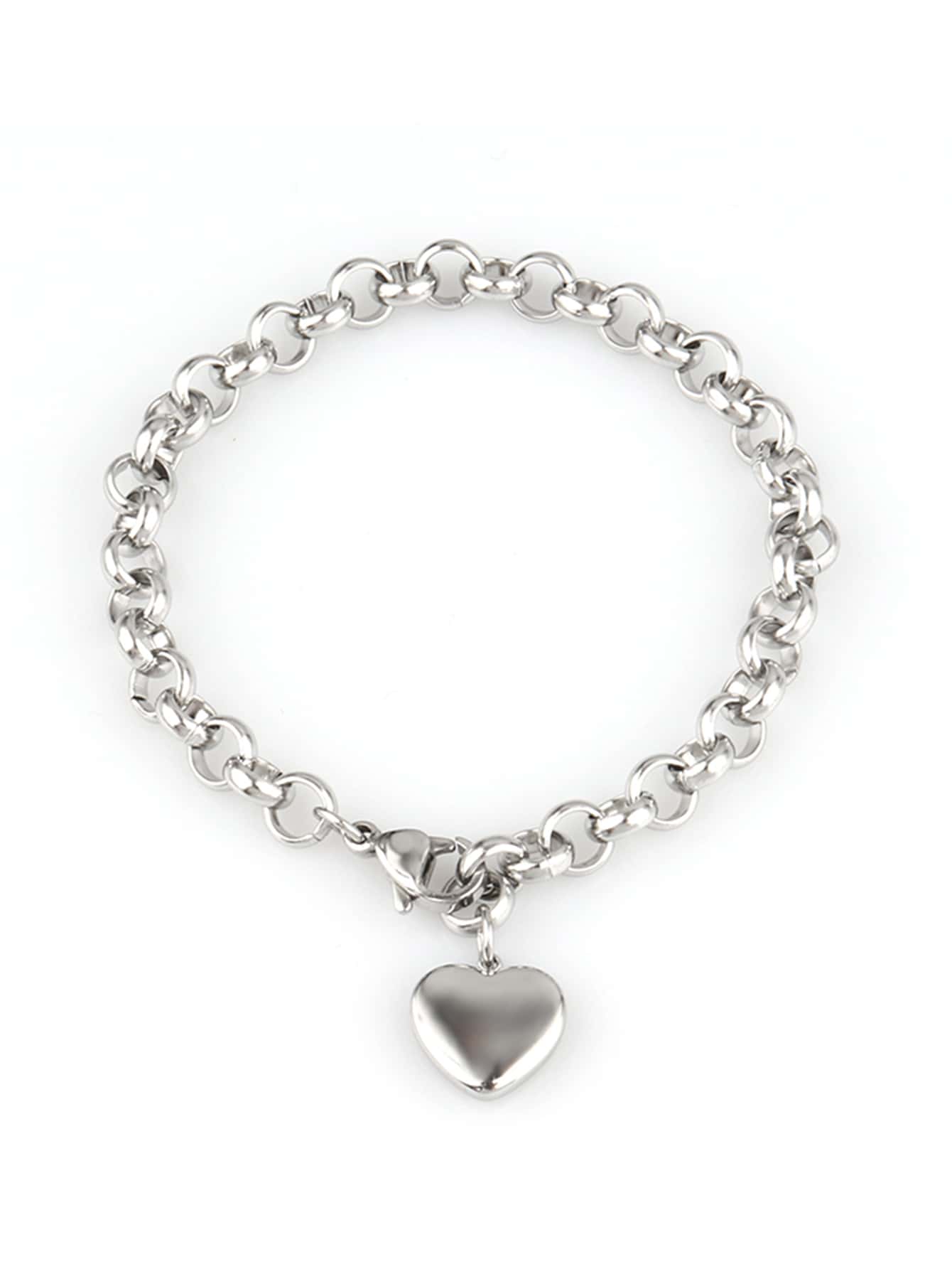 女士不锈钢心形手链，时尚心形吊坠手链，情人节饰品 - 銀色 - 查看 1