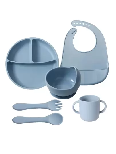 1入組嬰兒藍色的矽膠素色餵養盤子&1入組嬰兒圍兜&1入組嬰兒餵養碗&1入組嬰兒叉&1入組嬰兒湯匙&1入組嬰兒手持杯子