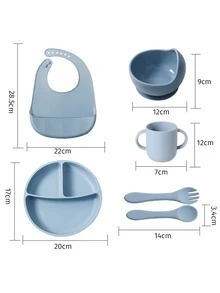 1入組嬰兒藍色的矽膠素色餵養盤子&1入組嬰兒圍兜&1入組嬰兒餵養碗&1入組嬰兒叉&1入組嬰兒湯匙&1入組嬰兒手持杯子
