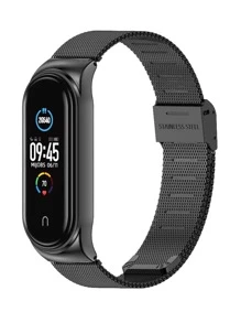 1入組奢華黑色金屬表帶，可與Mi Band 6/5智能手環配對，適用於Miband 6/5/4/3手環，不銹鋼帶，適用於Mi Band 6表帶，兼容於小米Miband 5/4/3智能手錶配件 - 黑色 - 查看 1