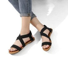 Women's Elastic Ankle Strap Flat Sandals Summer Dressy Shoes Cute Strappy Gladiator Sandals - 黑色 - 查看 4